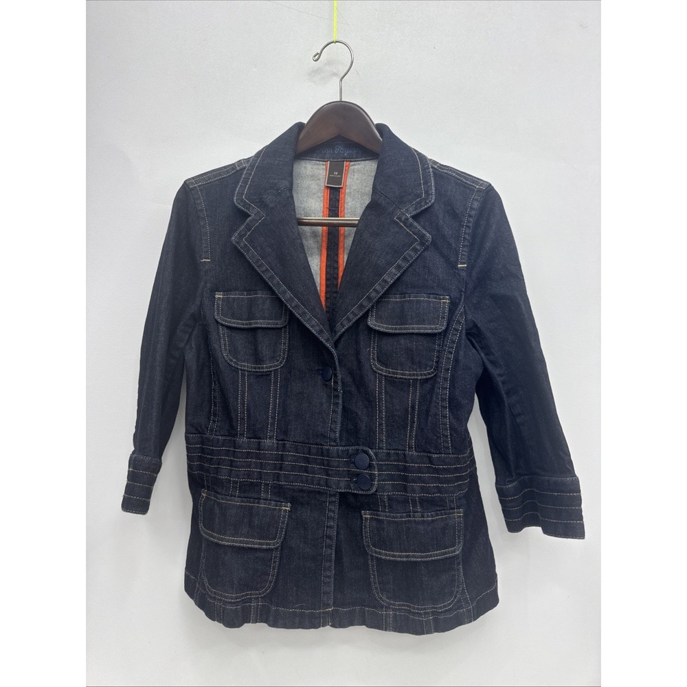 Ann Taylor Dark Denim Blue Jean Jacket 3/4 Sleeve Fitted Cotton Stretch Size 14